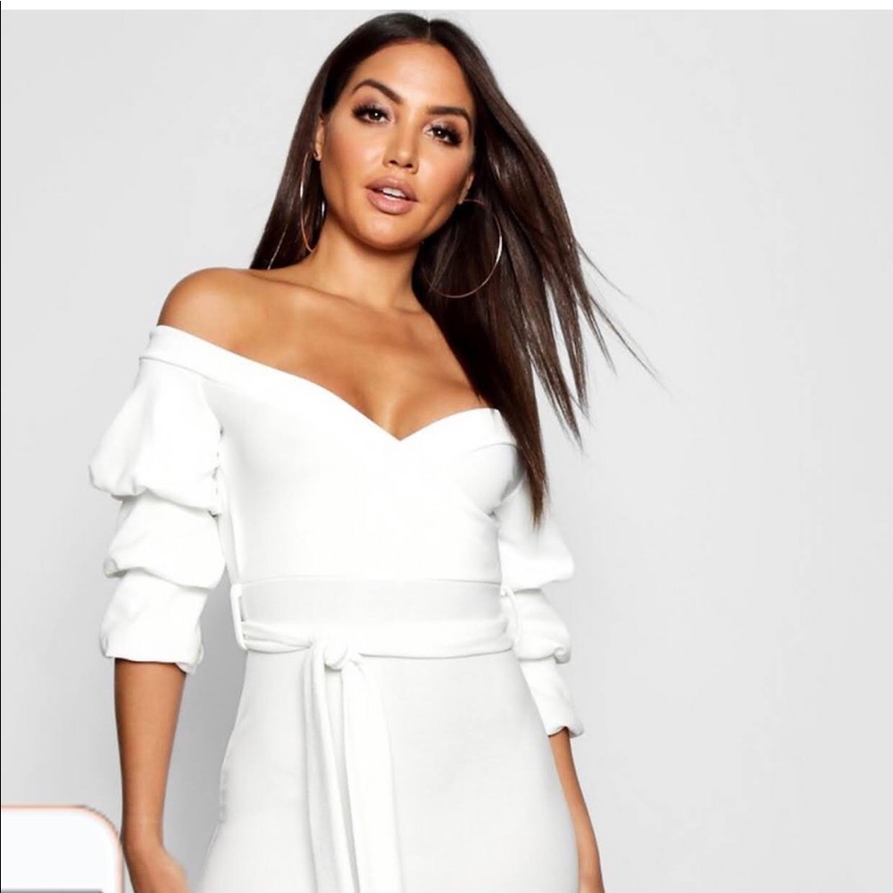 White Off The Shoulder Puff Sleeve Midi Dress